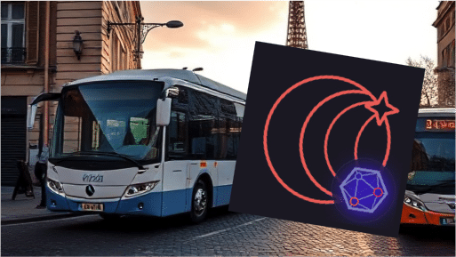 Un autobus urbain dans une rue au coucher du soleil, avec une superposition de graphiques numériques représentant des arcs concentriques rouges, une étoile et une forme géométrique lumineuse dans le coin inférieur droit.