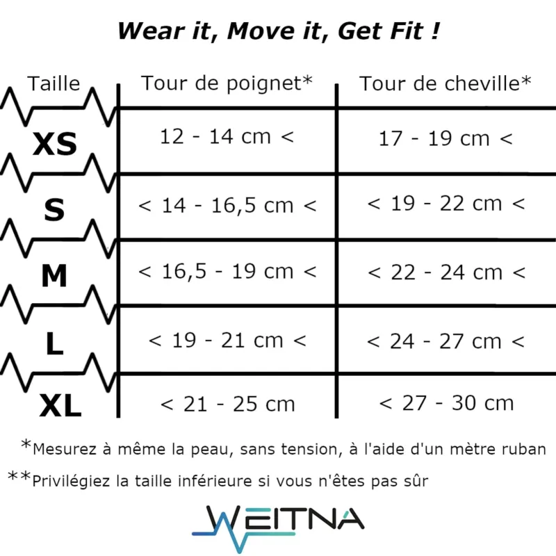 Tableau des tailles des bracelets et chevilles WEITNA, du XS au XL, avec les circonférences correspondantes du poignet et de la cheville en centimètres et des conseils de mesure en français.