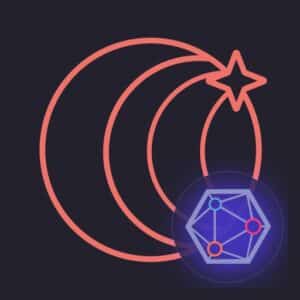 Le contour rouge d'un croissant de lune avec une étoile recouvre une icône de réseau géométrique avec des nœuds colorés à l'intérieur d'un cercle bleu lumineux, sur un fond sombre.
