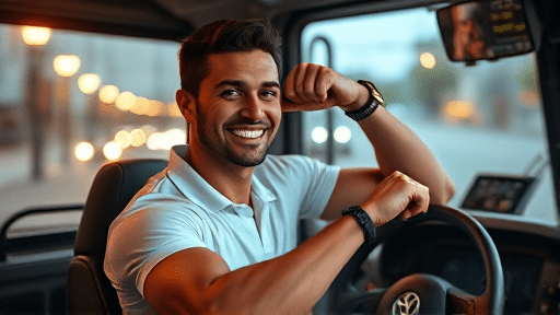 Un homme souriant, vêtu d'un polo blanc, est assis sur le siège du conducteur d'un véhicule, fléchissant le bras et regardant la caméra. Les lumières de la ville sont visibles à travers la fenêtre à l'arrière-plan.
