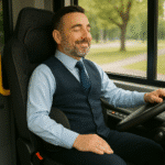 Un homme en gilet et cravate est assis au volant d'un bus, les yeux fermés et le sourire paisible, avec des arbres visibles par la fenêtre.