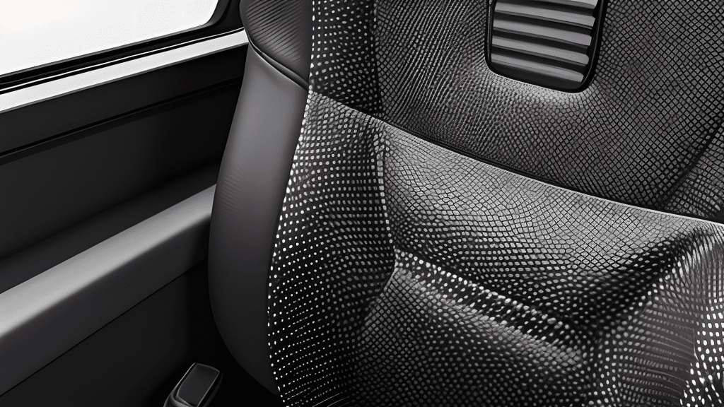 Gros plan d'un siège de voiture moderne avec une surface texturée, noire, à motifs et des pointillés blancs, à côté d'une fenêtre et d'un panneau de porte.