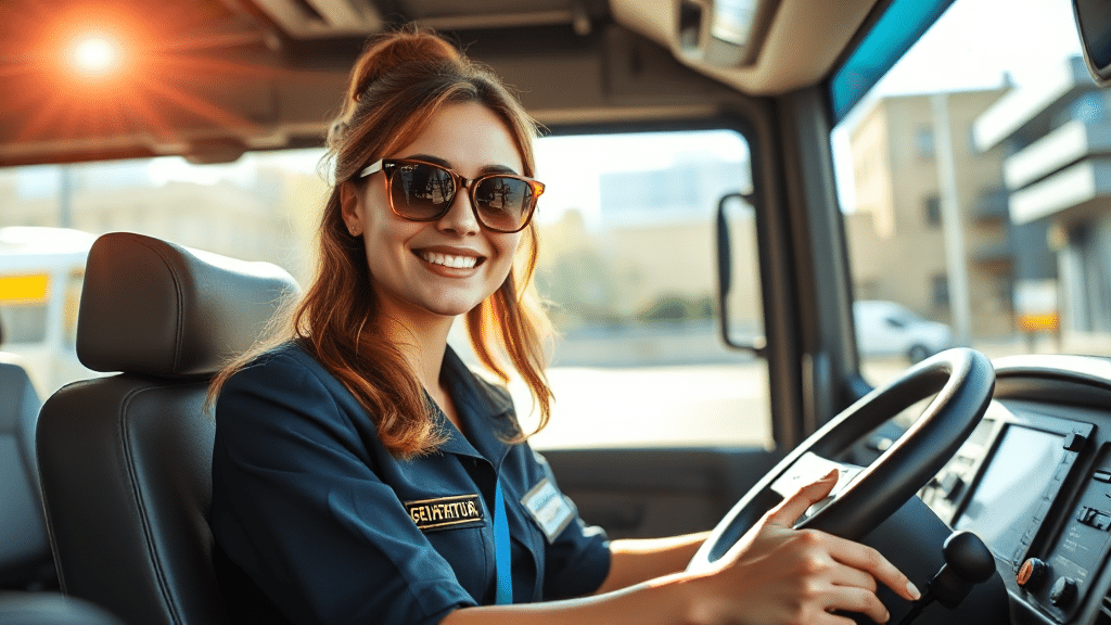 Une femme souriante portant des lunettes de soleil et un uniforme est assise sur le siège du conducteur d'un bus, tenant le volant, alors que la lumière du soleil brille à travers la fenêtre.