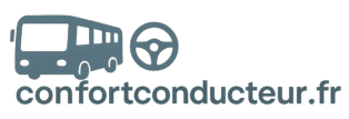 Logo bleu représentant un bus et une icône de volant, suivi du texte confortconducteur.fr sur fond transparent.